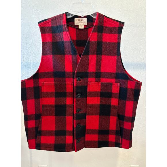CC Filson Vintage Red Buffalo Plaid Virgin Wool Mackinaw Vest Men's XL Button - Picture 1 of 6